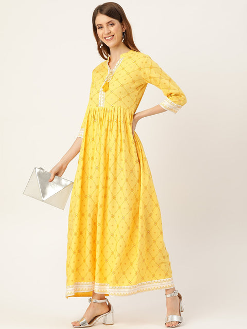 Women Yellow Floral Printed Mandarin Collar Viscose Rayon Fit and Flare Dress