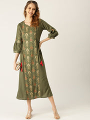 Women Green Ethnic Motifs Printed V-Neck Viscose Rayon Maxi Dress
