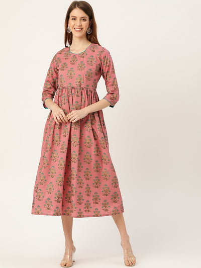 Women Pink Ethnic Motifs Printed Square Neck Cotton Maxi Dress