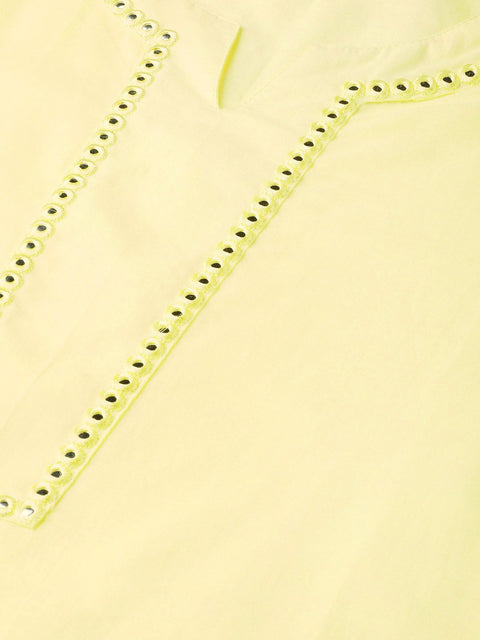 Women Limeyellow Calf Length Three-Quarter Sleeves Straight Solid Solid Cotton Kurta