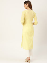 Women Limeyellow Calf Length Three-Quarter Sleeves Straight Solid Solid Cotton Kurta