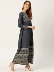 Women Grey Self Design Self Design Round Neck Viscose Rayon Maxi Dress