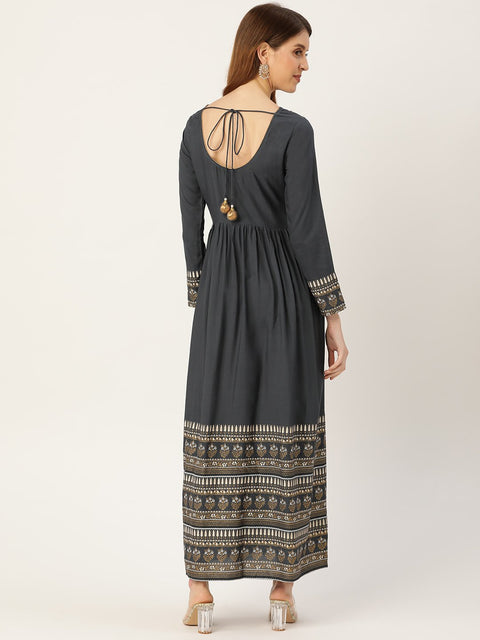 Women Grey Self Design Self Design Round Neck Viscose Rayon Maxi Dress
