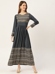 Women Grey Self Design Self Design Round Neck Viscose Rayon Maxi Dress
