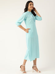 Women Blue Solid Solid Mandarin Collar Viscose Rayon A-Line Dress