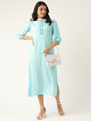 Women Blue Solid Solid Mandarin Collar Viscose Rayon A-Line Dress