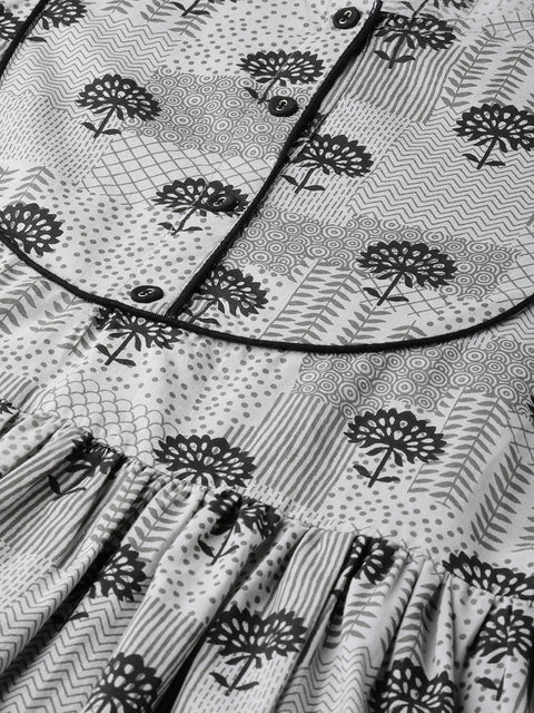 Women Grey Floral Printed Round Neck Cotton A-Line Dress