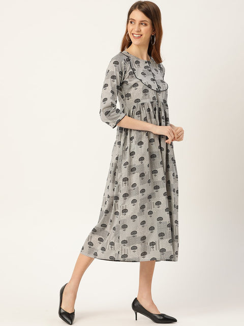 Women Grey Floral Printed Round Neck Cotton A-Line Dress