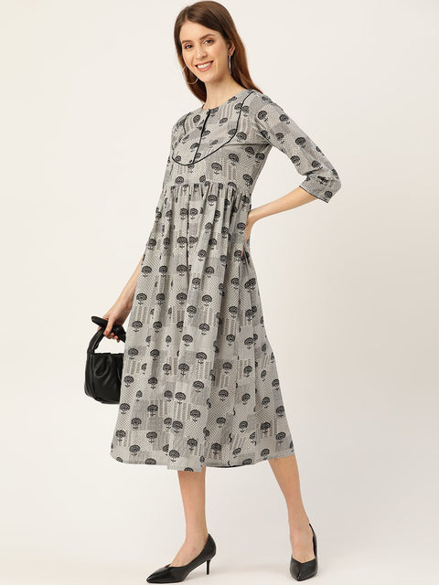 Women Grey Floral Printed Round Neck Cotton A-Line Dress