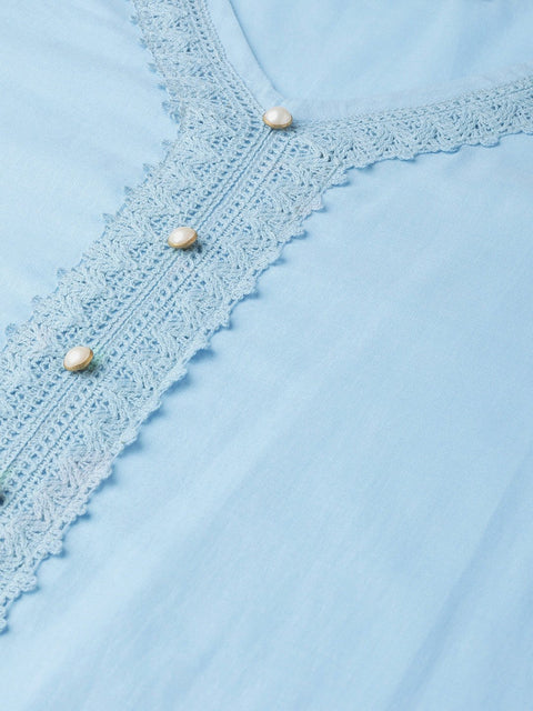 Women Blue Calf Length Three-Quarter Sleeves Straight Solid Solid Cotton Kurta