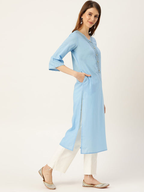 Women Blue Calf Length Three-Quarter Sleeves Straight Solid Solid Cotton Kurta