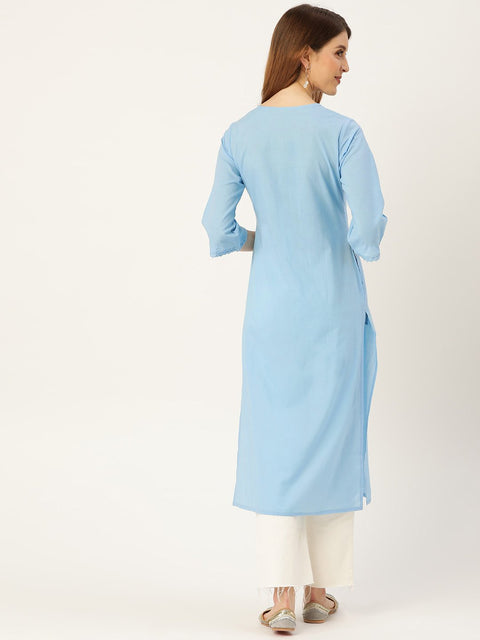 Women Blue Calf Length Three-Quarter Sleeves Straight Solid Solid Cotton Kurta