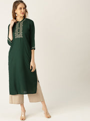 Women Blue Calf Length Three-Quarter Sleeves Straight Solid Yoke Design Viscose Rayon Kurta