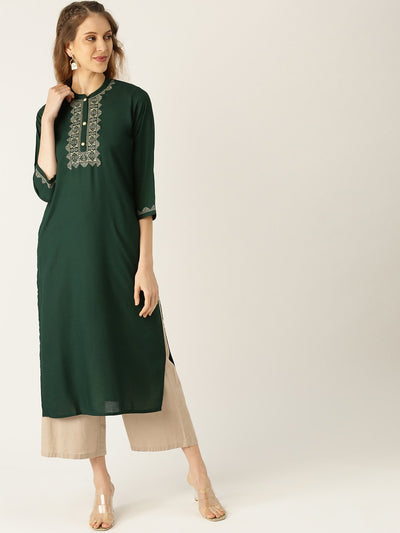 Women Blue Calf Length Three-Quarter Sleeves Straight Solid Yoke Design Viscose Rayon Kurta