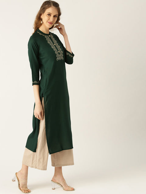 Women Blue Calf Length Three-Quarter Sleeves Straight Solid Yoke Design Viscose Rayon Kurta