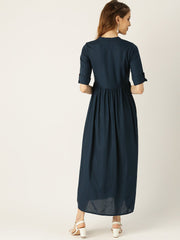 Women Navy Blue Solid Solid Mandarin Collar Viscose Rayon A-Line Dress