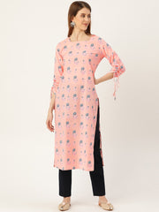 Women Pink Calf Length Long Sleeves Straight Floral Printed Cotton Kurta