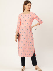 Women Pink Calf Length Long Sleeves Straight Floral Printed Cotton Kurta
