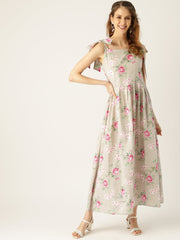 Women Grey Floral Printed Halter Neck Cotton Fit and Flare Dress