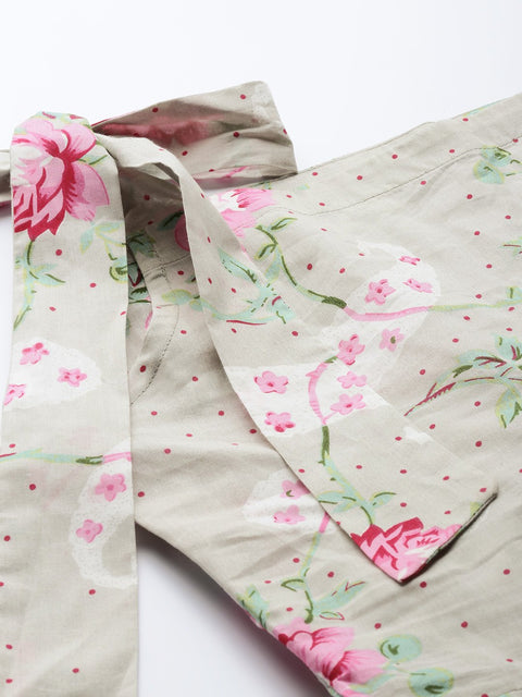 Women Grey Floral Printed Halter Neck Cotton Fit and Flare Dress