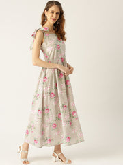 Women Grey Floral Printed Halter Neck Cotton Fit and Flare Dress