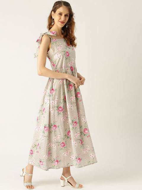 Women Grey Floral Printed Halter Neck Cotton Fit and Flare Dress