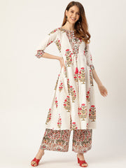 Women White Three-Quarter Sleeves Flared Kurta With Palazzo