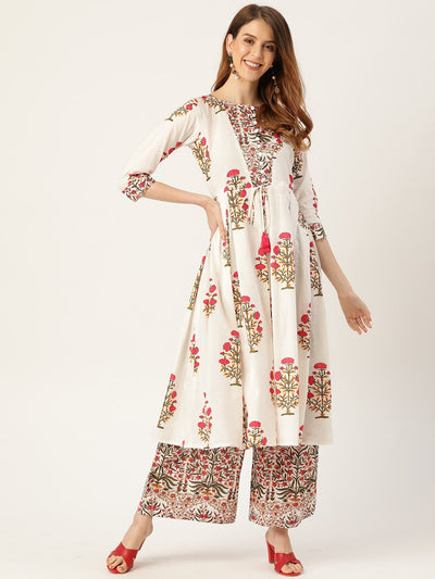 Women White Three-Quarter Sleeves Flared Kurta With Palazzo