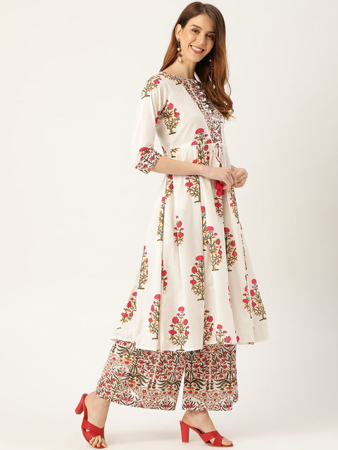 Women White Three-Quarter Sleeves Flared Kurta With Palazzo