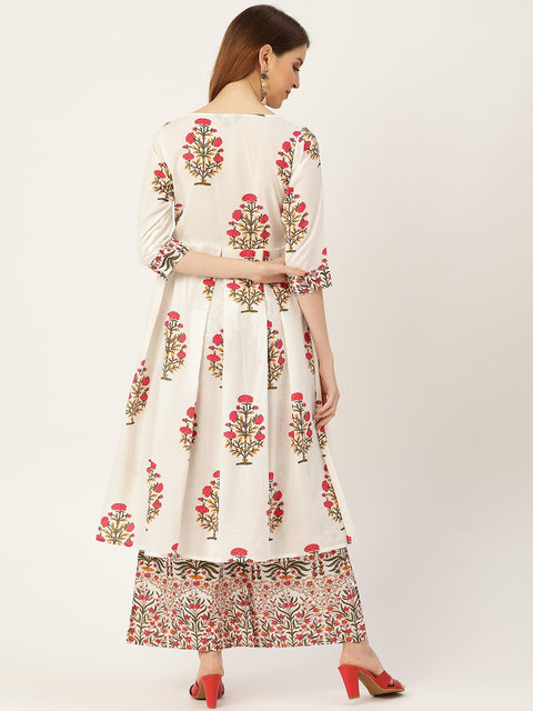 Women White Three-Quarter Sleeves Flared Kurta With Palazzo