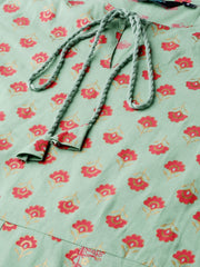 Women Metalic Green Ethnic Motifs Printed Round Neck Cotton Maxi Dress