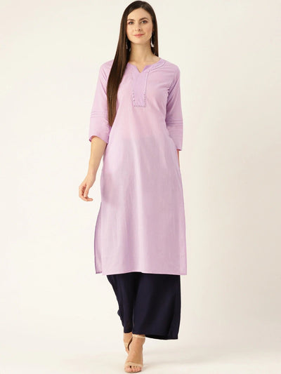 Women Lavender Calf Length Three-Quarter Sleeves Straight Solid Yoke Design Cotton Kurta