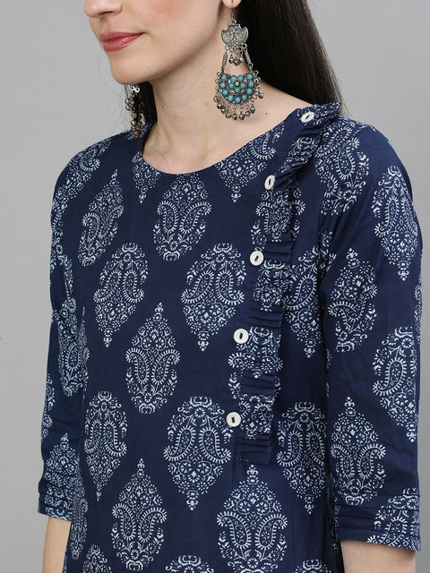Women Navy Blue & White Printed Straight Kurta