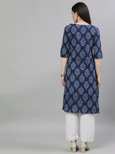 Women Navy Blue & White Printed Straight Kurta