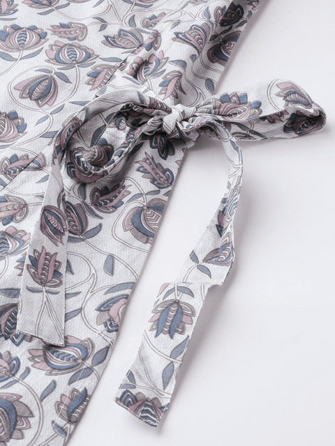 Women Grey Calf Length Three-Quarter Sleeves A-Line Floral Printed Cotton Kurta