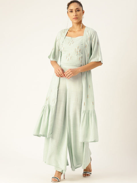 Women Grey Embroidered Top Pant with shrug Set