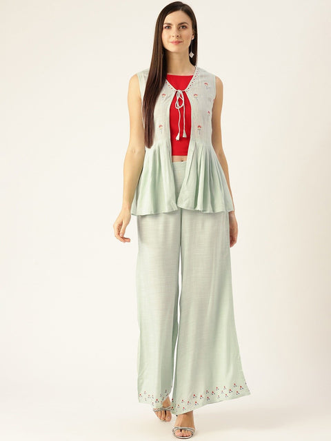 Women Grey Embroidered Top Pant with shrug Set