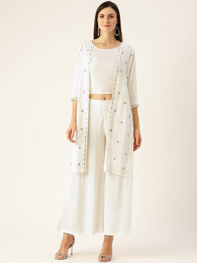 Women Offwhite Embroidered Top Pant with shrug Set