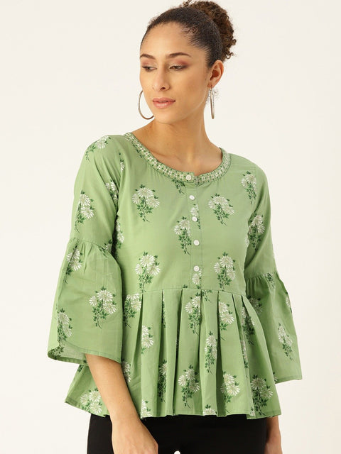 Women Green Three-Quarter Sleeves Gathered or Pleated Top