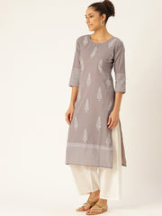 Women Grey Three-Quarter Sleeves Straight Kurta with Palazzo Set