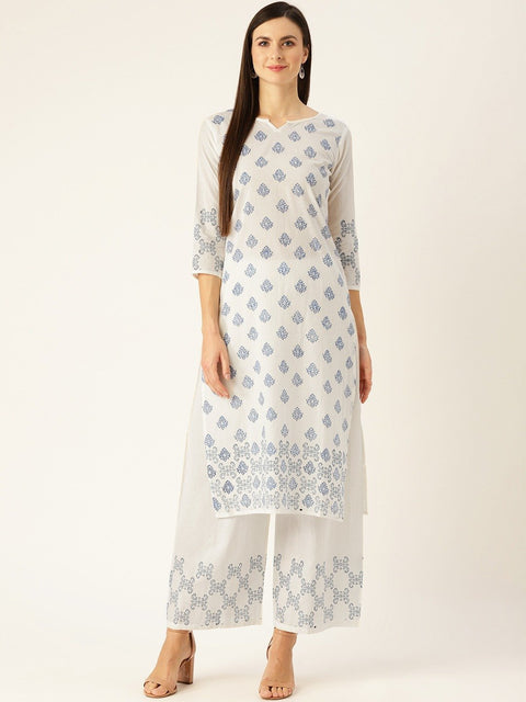 Women White Three-Quarter Sleeves Straight Kurta with Palazzo Set