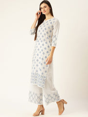 Women White Three-Quarter Sleeves Straight Kurta with Palazzo Set