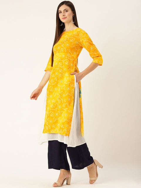 Women Yellow Calf Length Three-Quarter Sleeves A-Line Bandhani Printed Cotton Kurta