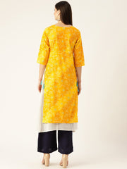 Women Yellow Calf Length Three-Quarter Sleeves A-Line Bandhani Printed Cotton Kurta