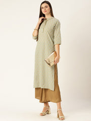Women Grey Calf Length Three-Quarter Sleeves A-Line Ethnic Motifs Printed Cotton Kurta