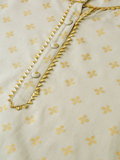 Women Grey Calf Length Three-Quarter Sleeves A-Line Ethnic Motifs Printed Cotton Kurta