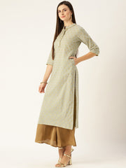 Women Grey Calf Length Three-Quarter Sleeves A-Line Ethnic Motifs Printed Cotton Kurta