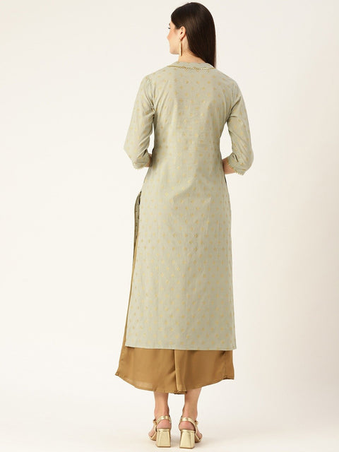 Women Grey Calf Length Three-Quarter Sleeves A-Line Ethnic Motifs Printed Cotton Kurta