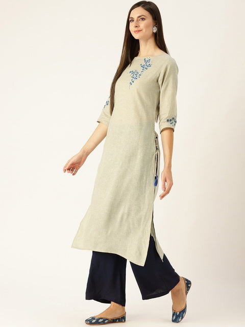 Women Grey Calf Length Three-Quarter Sleeves Straight Woven Design Embroidered Cotton Kurta
