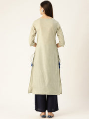 Women Grey Calf Length Three-Quarter Sleeves Straight Woven Design Embroidered Cotton Kurta